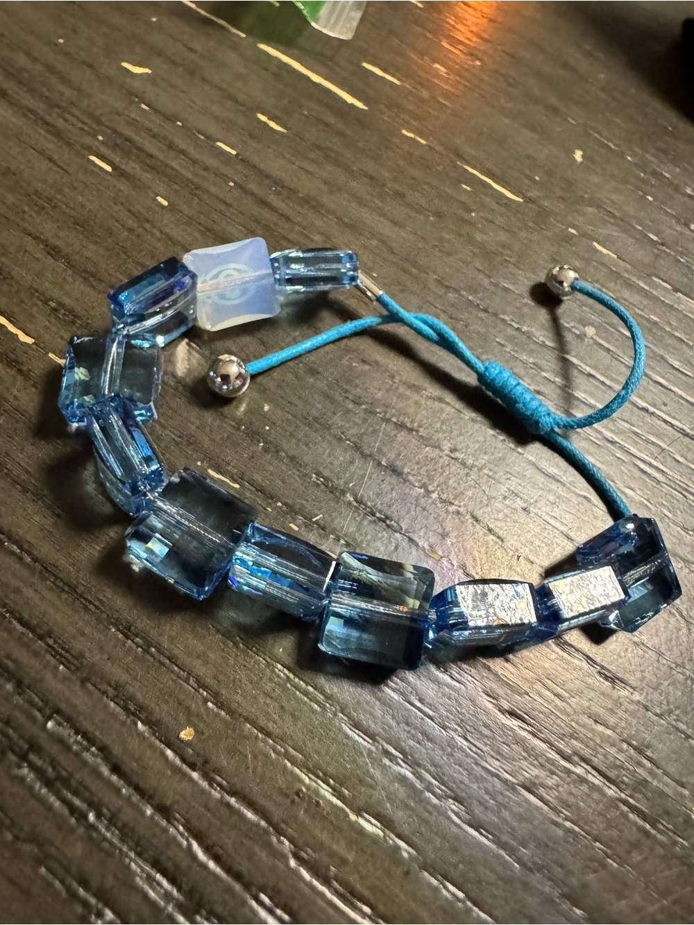 Swarovski Blue Glass Cube Bead Adjustable Bracelet